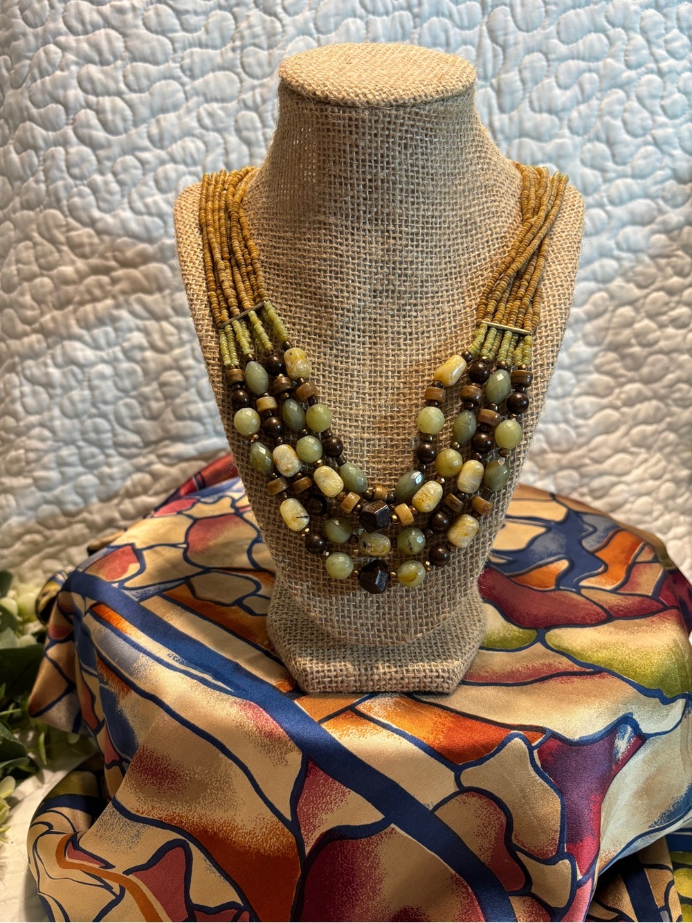 Layered Beaded Necklace in Olive Green & Brown